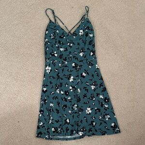 nine britton Teal Floral Slip Dress with V-Neckline